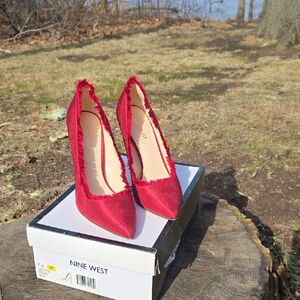 Nine West Red Pointed-Toe Fringe Satin Pumps
